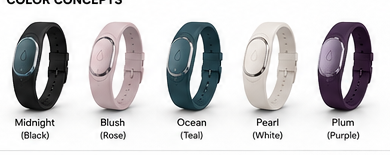 Five LuvBrace colorways: Midnight (black), Blush (rose), Ocean (teal), Pearl (white), and Plum (purple).
