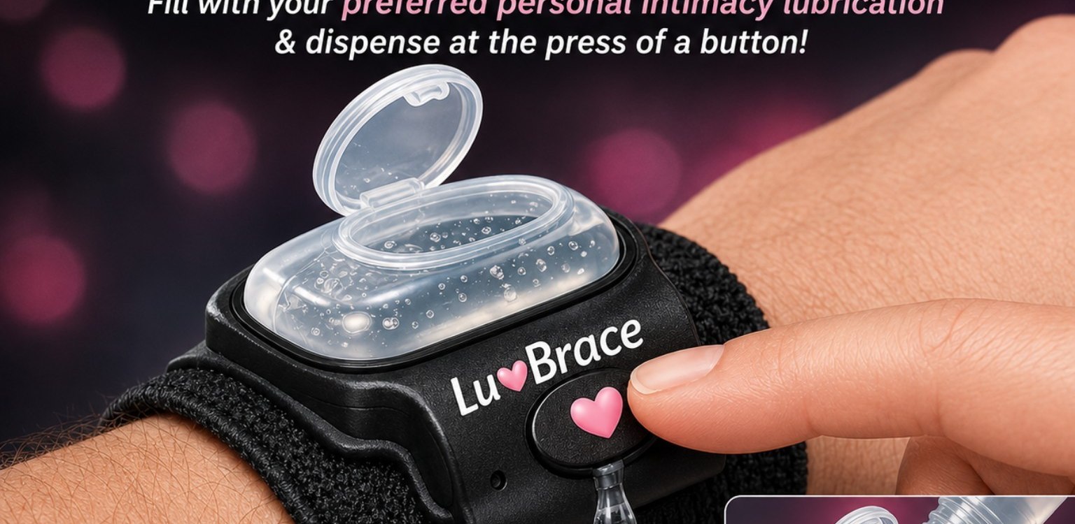 Close-up of a hand pressing the LuvBrace wearable, with the cap open and lubricant visible in the reservoir.