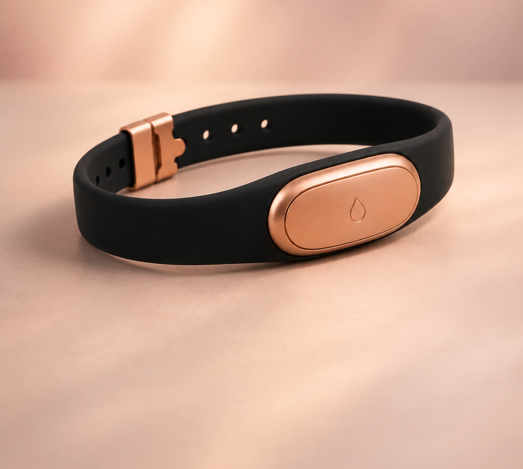 The LuvBrace wearable — a black silicone band with a rose gold dispense button, photographed on a soft blush background.